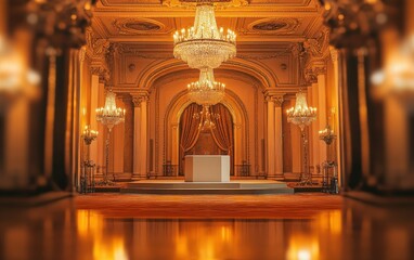Obraz premium Opulent Ballroom Interior with Crystal Chandeliers and Gilded Details.