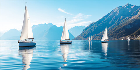 Obraz premium A calm lake surrounded by mountains, with sailboats gliding across the water. The tranquil atmosphere invites relaxation and exploration of nature.