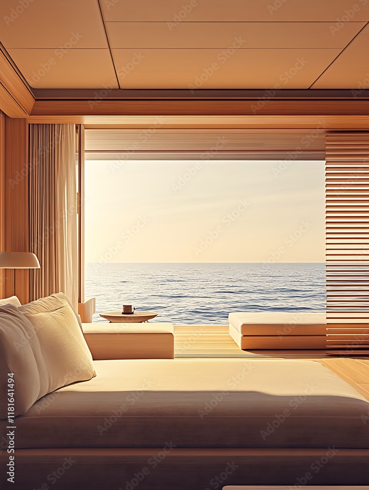 Poster tranquil minimalist beachfront lounge with cozy interior design and unobstructed ocean view : genera