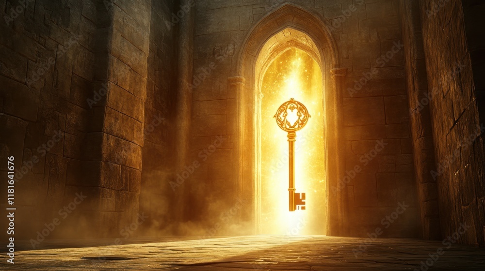 Poster mysterious key glows in enchanted archway of ancient castle