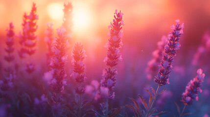 Obraz premium Lavender flowers bloom under a vivid sunset with warm colors and soft lighting