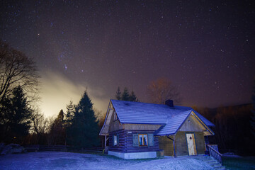 Starry sky in a mountain village. Bieszczady