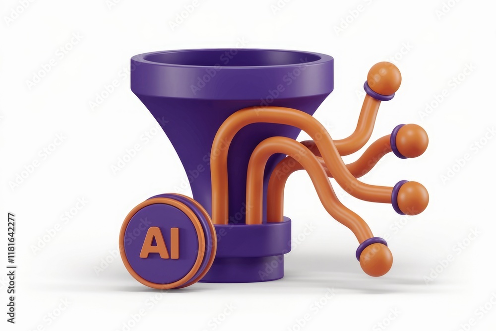 Poster AI data processing: Multiple inputs funnel into a central AI system for analysis and output.
