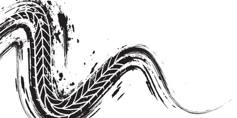 Grunge tire track, wheel braking marks. Truck, car or motorcycle tread pattern silhouette. Auto race, motorsport, speed racing design element. eps 10