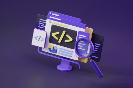 3D illustration of web development, coding, and code analysis with a magnifying glass.