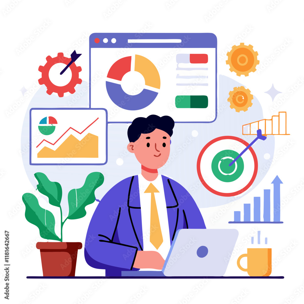 Poster a manager is focused on analyzing key performance indicators on a laptop, adjusting strategies based