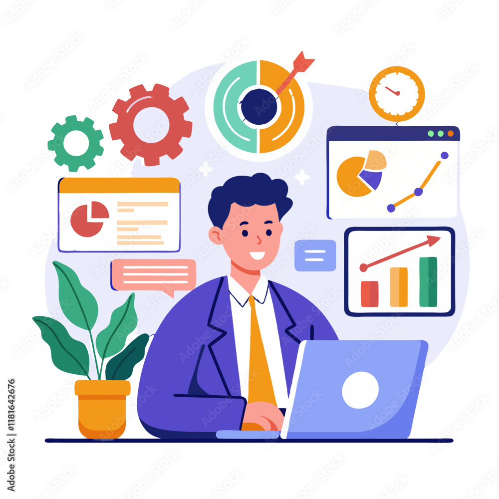 Poster a manager focused on analyzing key performance indicators sits at a desk with a laptop, reviewing ch