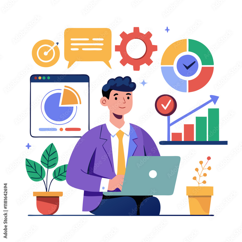 Poster a manager focuses on key performance indicators using a laptop, surrounded by charts and graphs in a
