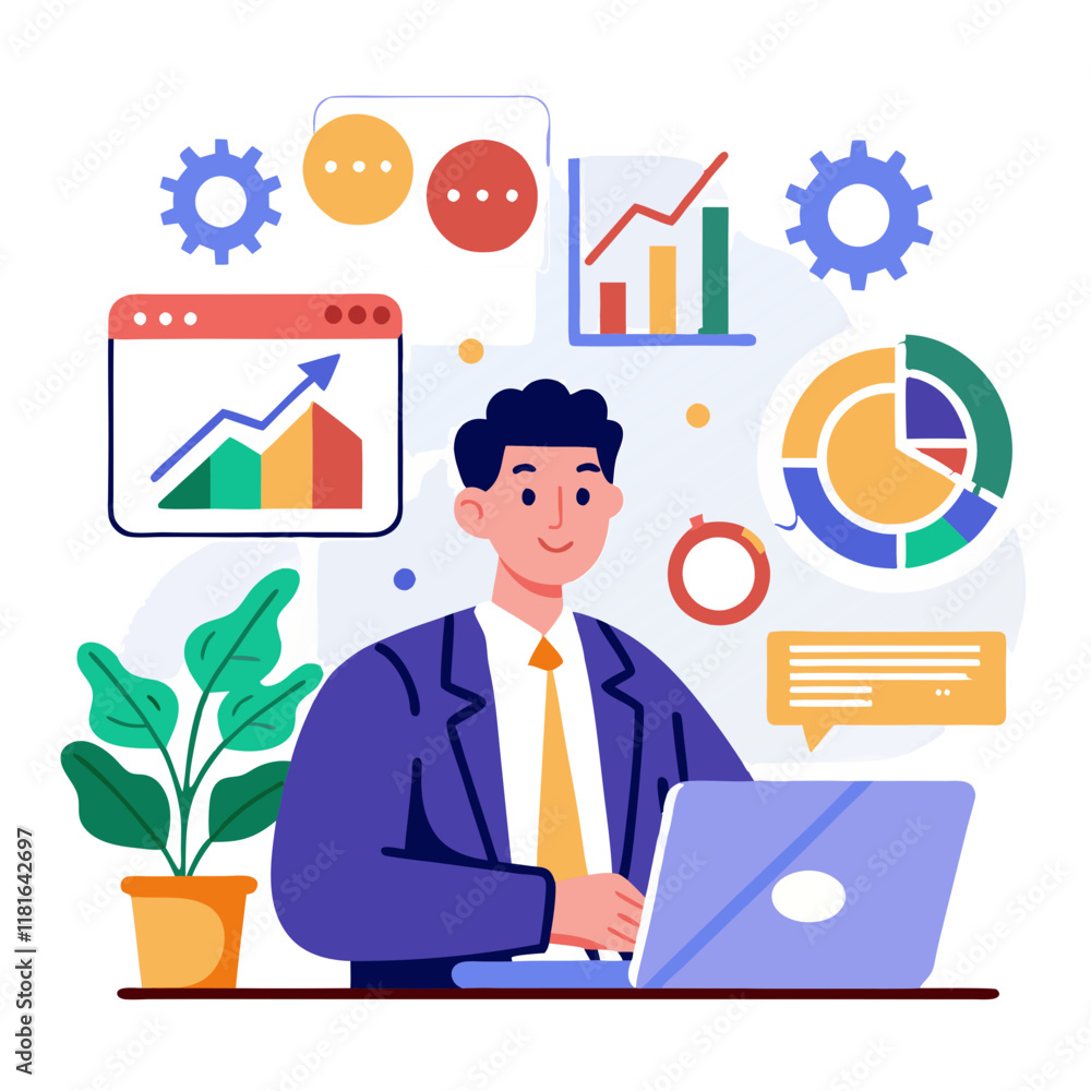 Aufkleber a manager focuses on key performance indicators displayed on digital charts and graphs. he uses a la