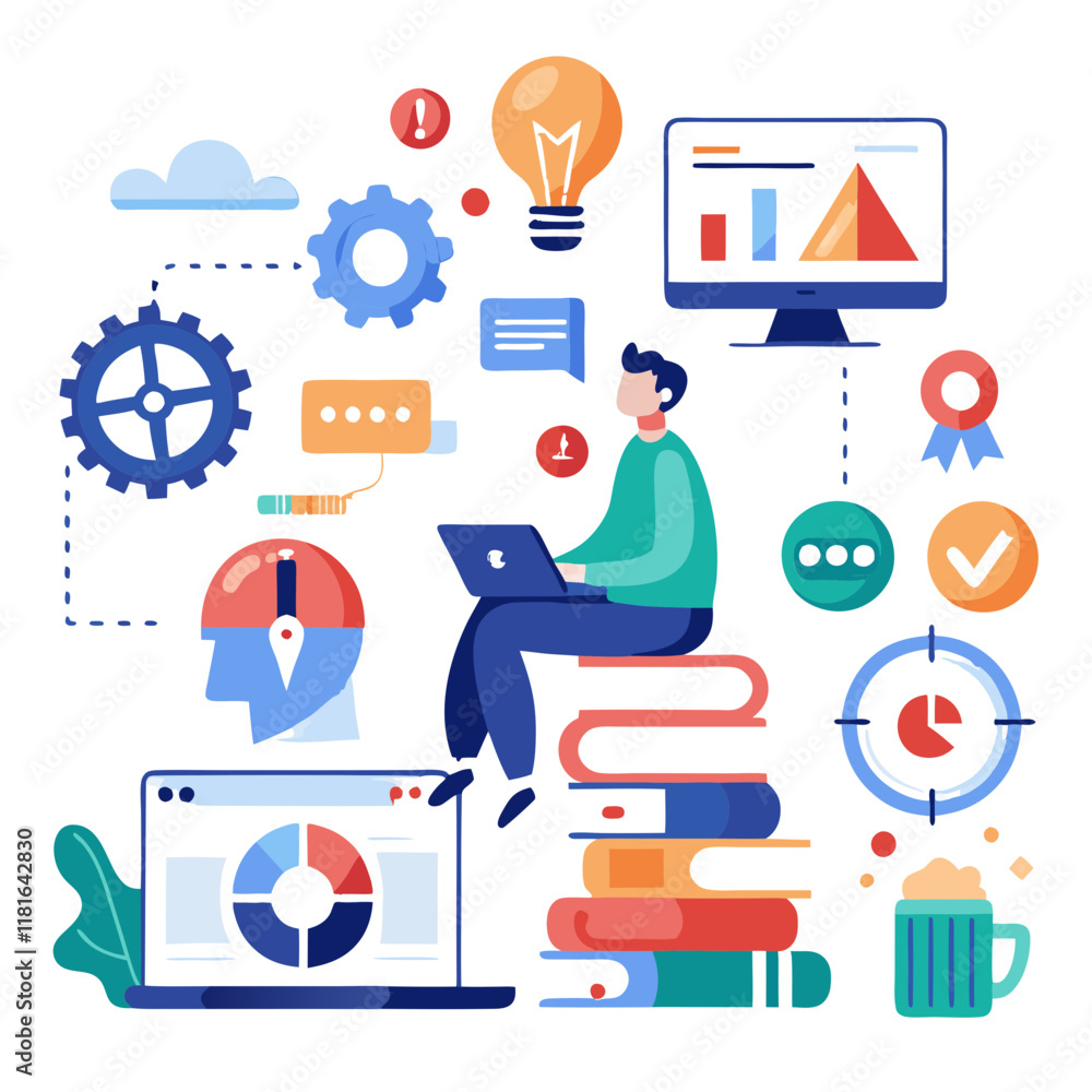 Poster this illustration details the software development process, featuring a person working on a laptop s