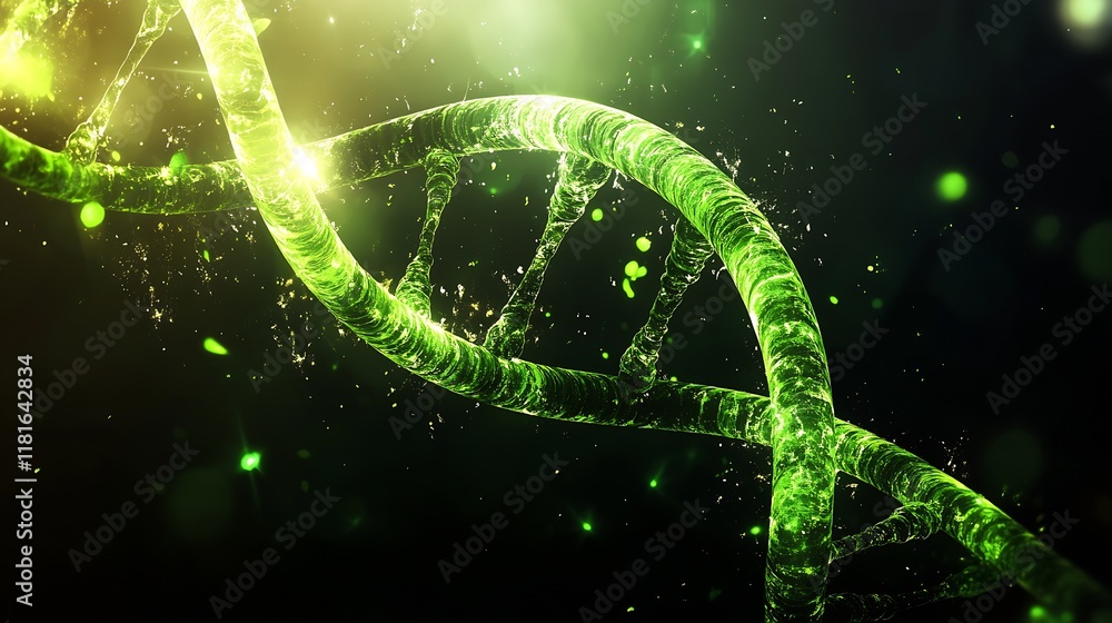 Poster Vivid Glowing Green DNA Structure on Dark Background : Generative AI