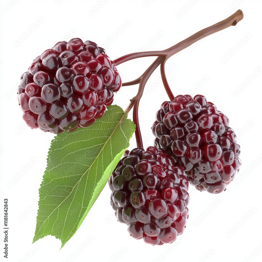 Wall mural Fresh Ripe Blackberries on Stem with Green Leaf Isolated on White Background for Culinary and Health Use