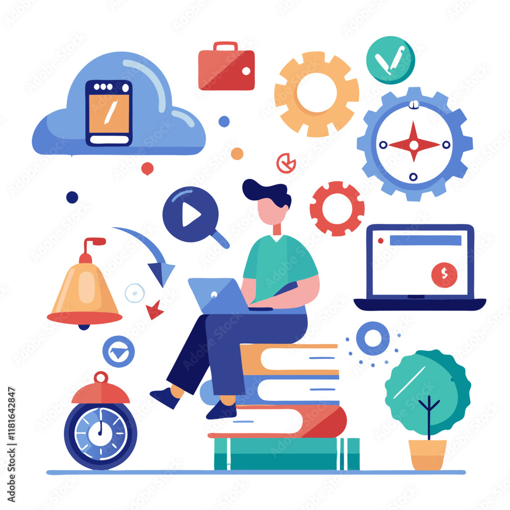 Poster a person sits on a stack of books using a laptop, surrounded by various icons representing software 