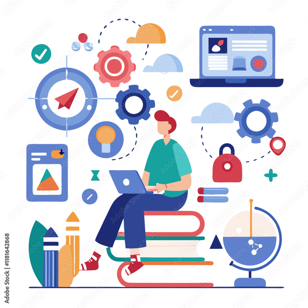 Aufkleber a person seated on stacks of books engages with a laptop, surrounded by symbols of software developm