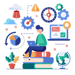 A person works on a laptop while sitting on stacked books. Surrounding them are symbols of software development, including gears, graphs, and a globe, symbolizing learning and technology