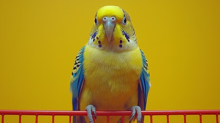 Colorful Budgerigar on Red Cage Against Yellow Background