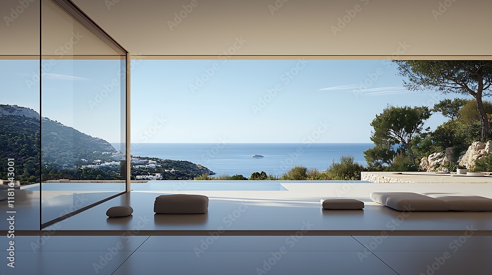 Poster Minimalist Modern Infinity Pool With Majestic Ocean View and Spacious Open Living Area : Generative AI