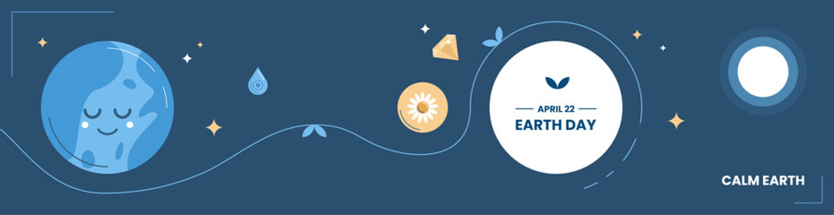 Earth Day banner design with calm smiley, globe, flower, and more. Vector illustration.