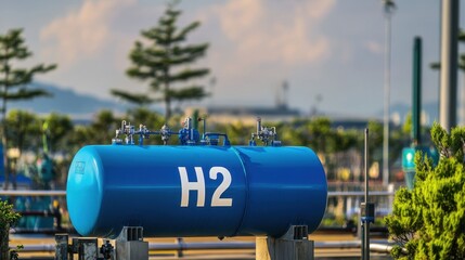 Blue Storage Tank for Hydrogen Fuel in Industrial Setting