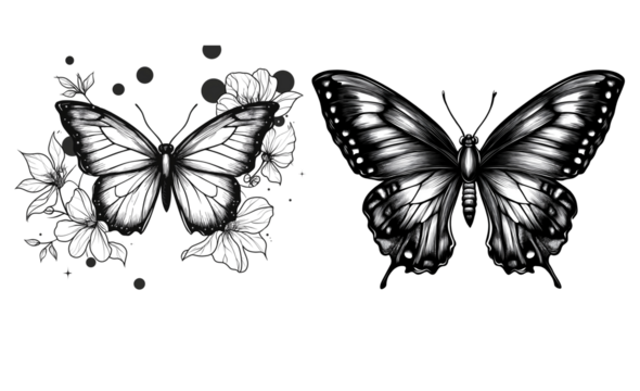 Elegant Vintage Butterfly Illustrations with Floral Accents on Transparent Background