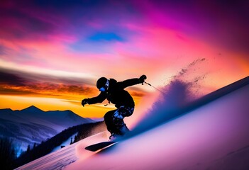 Fototapeta premium Snowboarder Carving Tracks in Fresh Snow at Sunset.