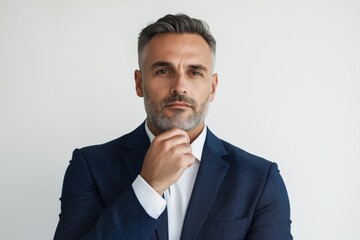 A man in a blue suit and white shirt is looking to the left. He is wearing a tie and has a beard