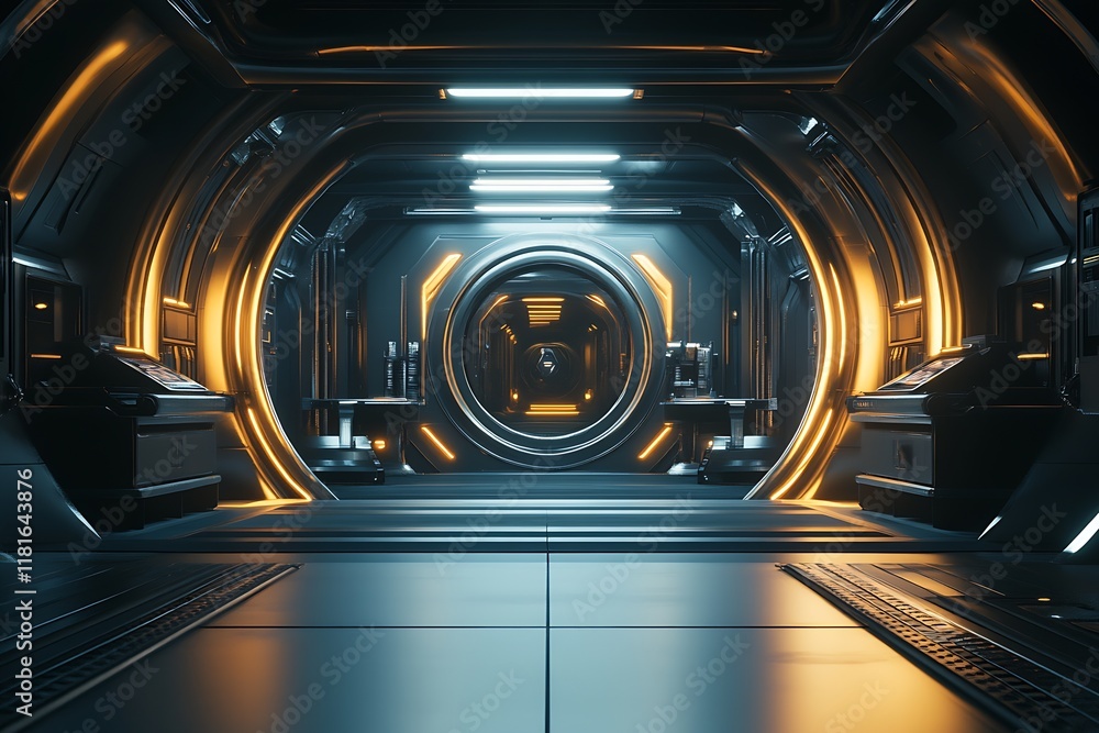 Poster futuristic sci-fi tunnel with illuminated orange and blue led lighting : generative ai