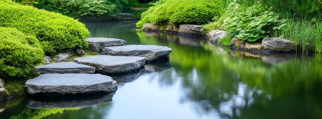 Tranquil garden pond with stepping stones.