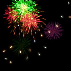 Image of fireworks and christmas fairy lights flickering over black background Generative AI 