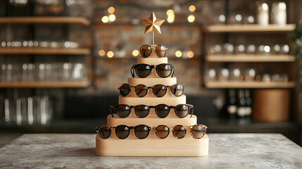 Sunglasses Displayed Beautifully on Wooden Stand with Gold Star