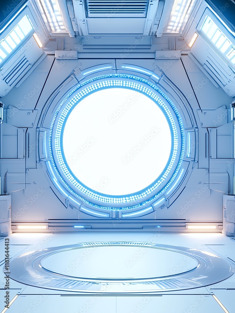 Poster futuristic spaceship interior circular portal illuminated with soft blue neon lights : generative ai