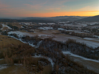 Beautiful mountain landscape with colorful sky. Polish Bieszczdy