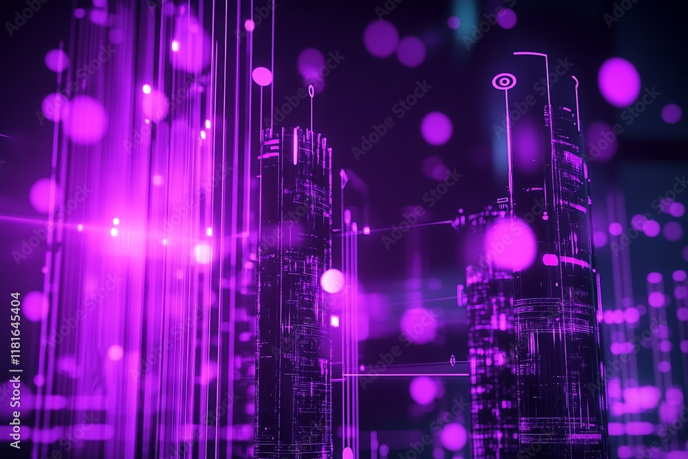 Aufkleber innovative futuristic purple cityscape with bright digital lines and cyberspace elements : generativ
