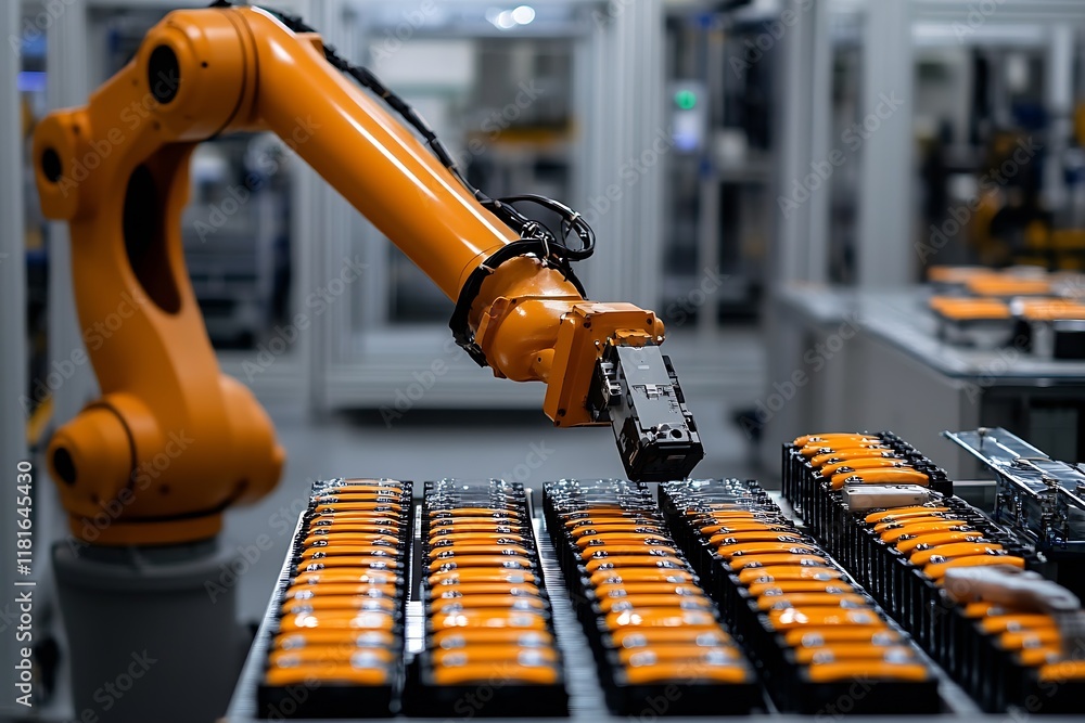 Poster Robotic arm operating in a cutting-edge industrial factory optimizing automation and production : Generative AI