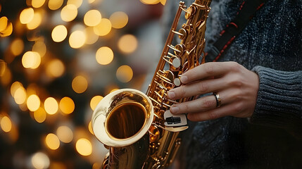 Obraz premium Saxophone Player Plays Smooth Jazz with Bokeh Lights