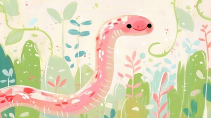 Obraz premium Snake watercolor concept. Whimsical Colorful Snake Coiled Around Lush Tropical Vine