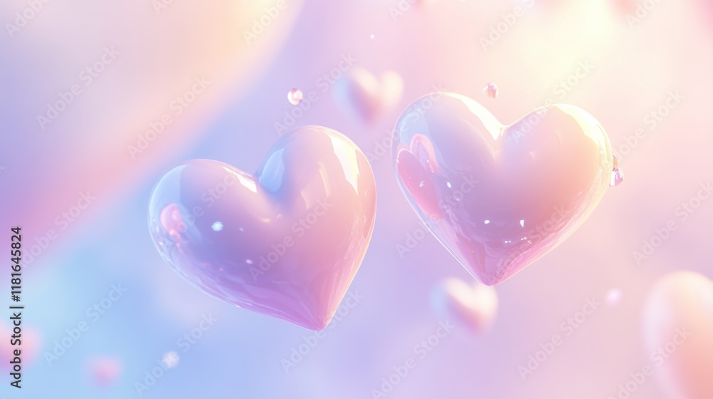 Poster glossy heart shapes floating in dreamy pastel background with soft light