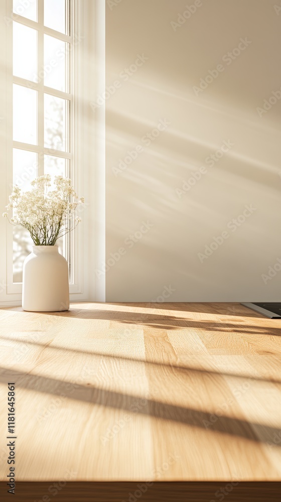 Poster sunlight streaming through a window highlights an empty wooden kitchen countertop adorned with white