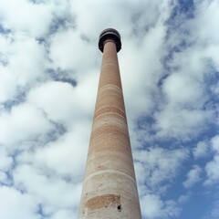 A towering chimney pierces the cloudy sky, symbolizing industrial prowess and human achievement against a natural backdrop.