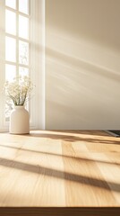 Sunlight streaming through a window highlights an empty wooden kitchen countertop adorned with white flowers in a vase, creating a warm, inviting, and cozy atmosphere