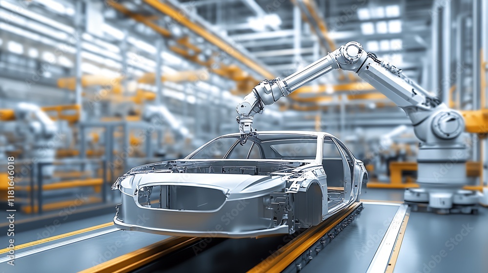 Poster futuristic robotic arm assembling car in advanced automotive production line : generative ai