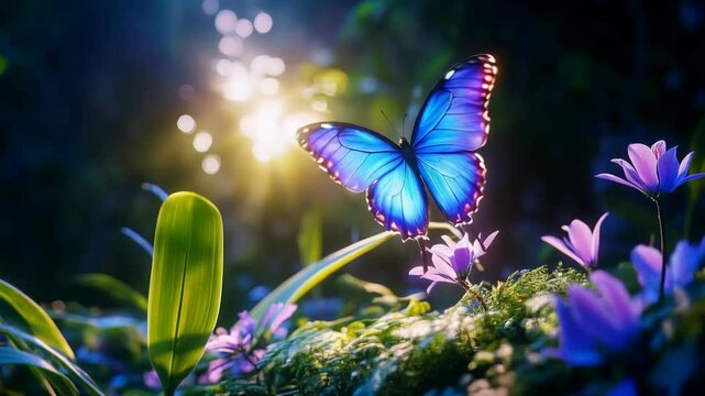 A Blue Butterfly Flapping Its Wings in a Magical Forest at Sunrise