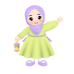 watercolor illustration of happy muslim girl ramadhan