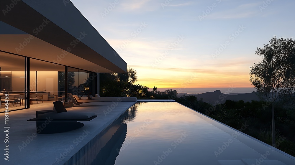 Poster Sophisticated architectural design of a modern infinity pool overlooking sunset : Generative AI