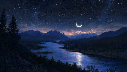 Naklejka premium Starry Night Landscape with Crescent Moon Reflecting on a Calm River Amid Majestic Mountains and Lush Forest, Capturing Nature’s Serene and Tranquil Beauty