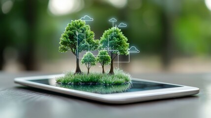 forestry industry concept. A tablet displaying miniature trees and grass, symbolizing nature and technology integration.