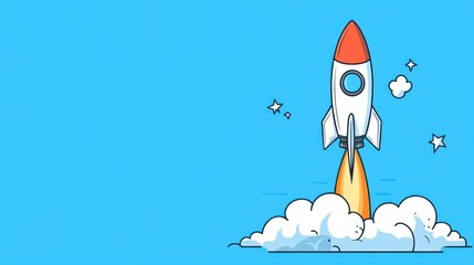 Colorful Cartoon Rocket Launching into a Clear Blue Sky
