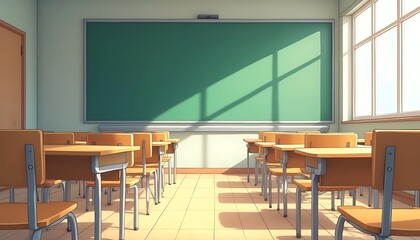 Empty Classroom, Sunlit Desks, Green Chalkboard, Anime Style