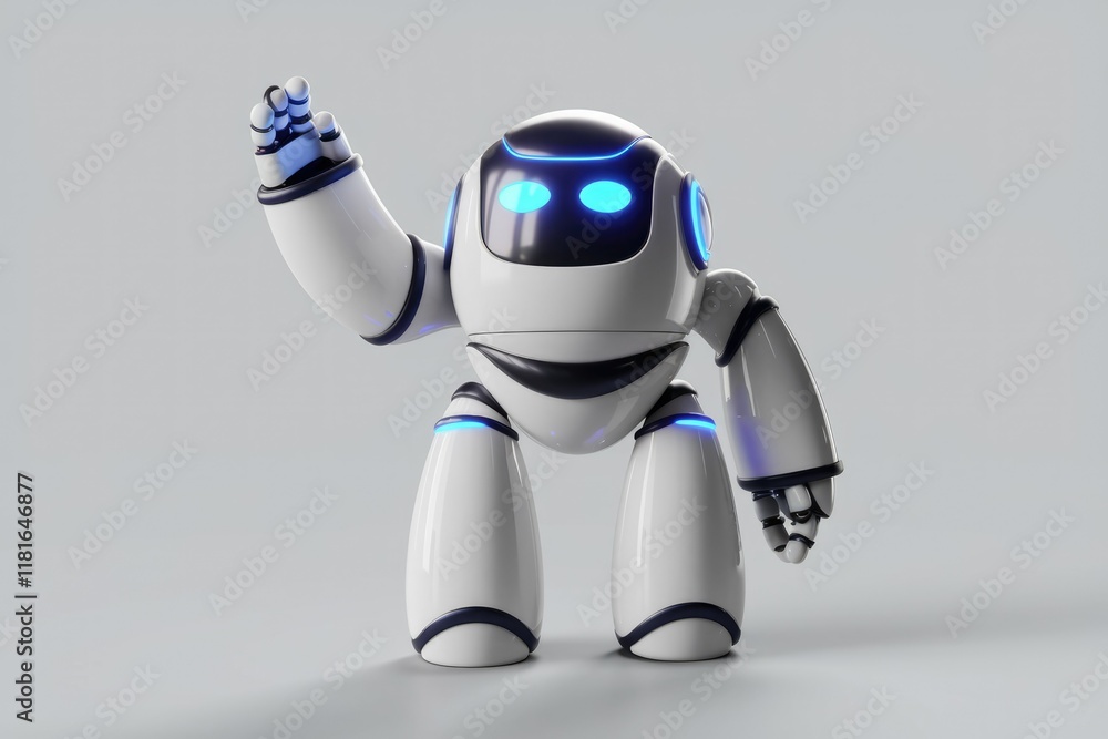 Poster a friendly white robot with blue lights waves hello, showcasing futuristic technology and ai.