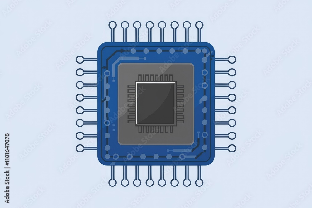 Aufkleber Illustration of a microchip, showcasing its intricate internal circuitry and numerous pins for connection.
